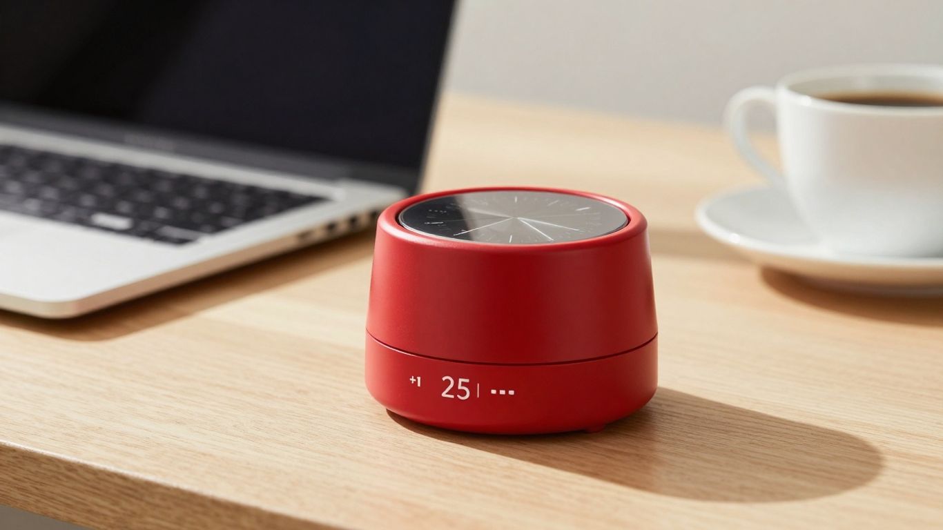 Pomodoro timer on a desk with coffee and laptop.