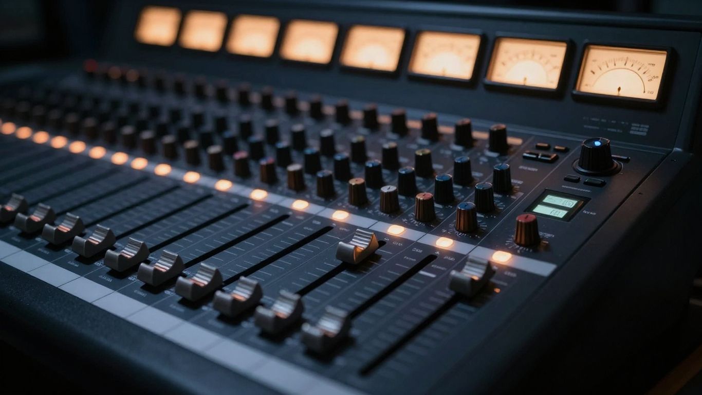Audio mixing console with glowing faders and meters.