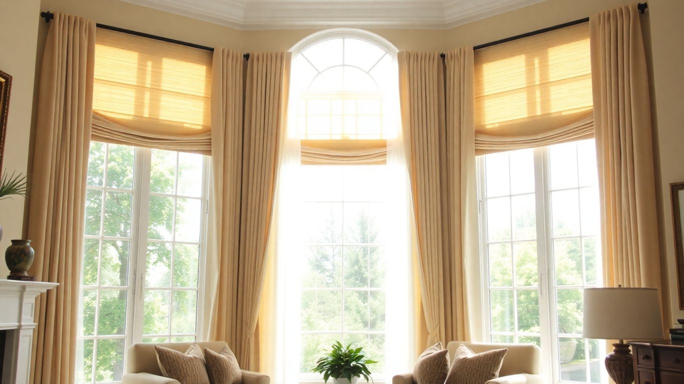 Elegant custom curtains and blinds in a sunlit living room.