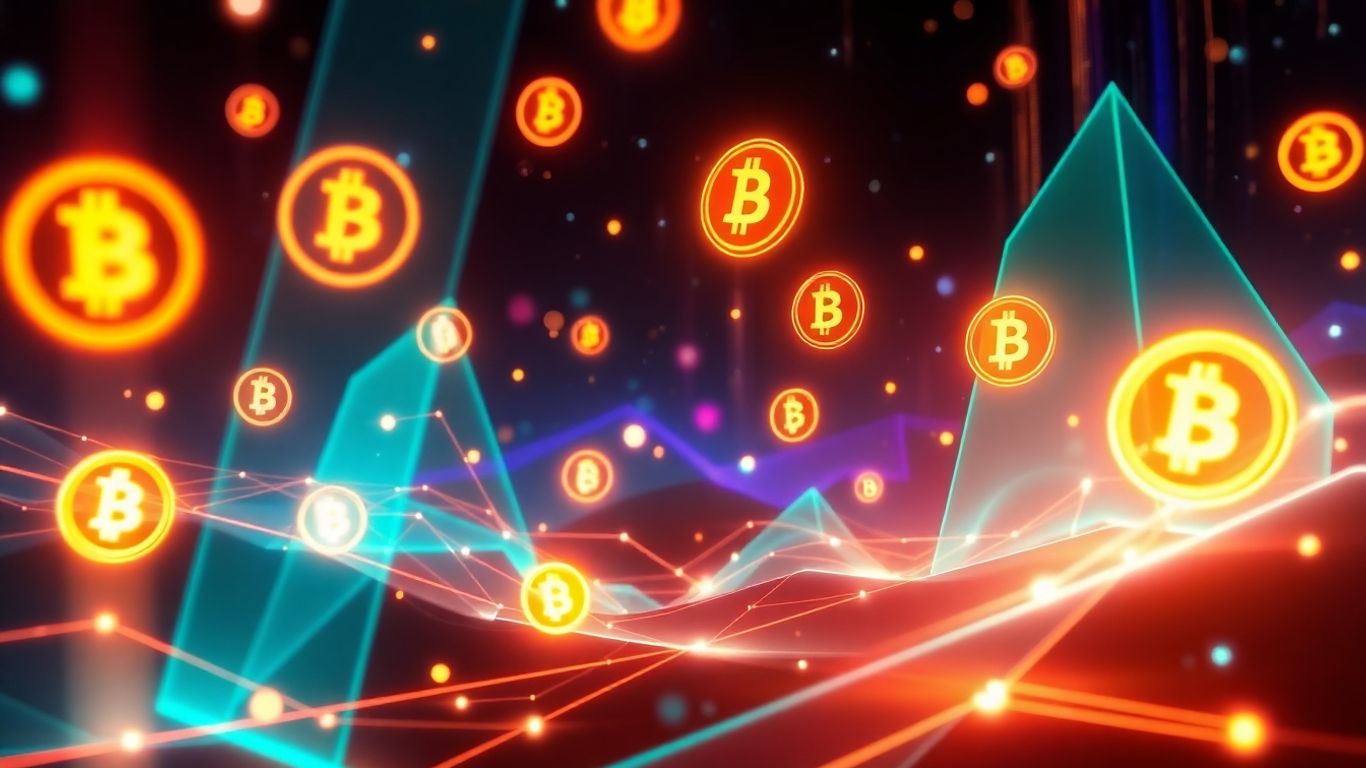 Digital currency icons in a futuristic landscape.