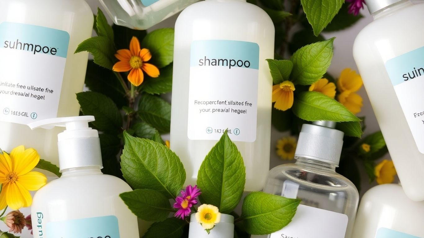 Shampooflaschen mit natürlichen Inhaltsstoffen und Hinweisen auf sulfate-freie Formeln.