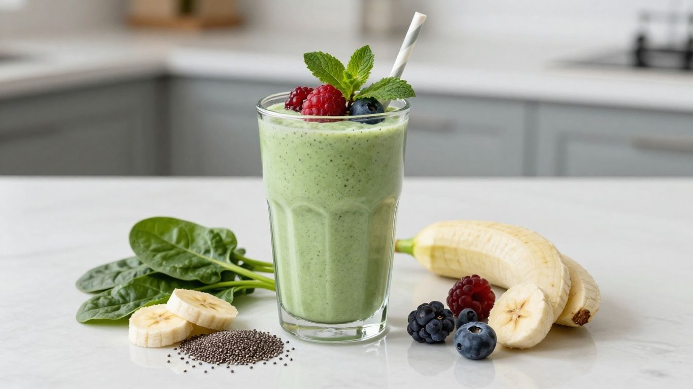 Healthy breakfast shake with berries and fresh ingredients.