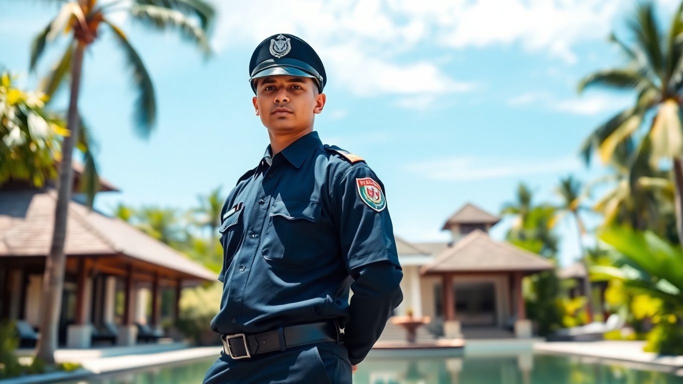 Bali security guard protecting a luxury villa.