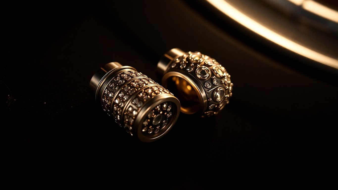 Expensive jewel-encrusted tire valve caps on a dark surface.