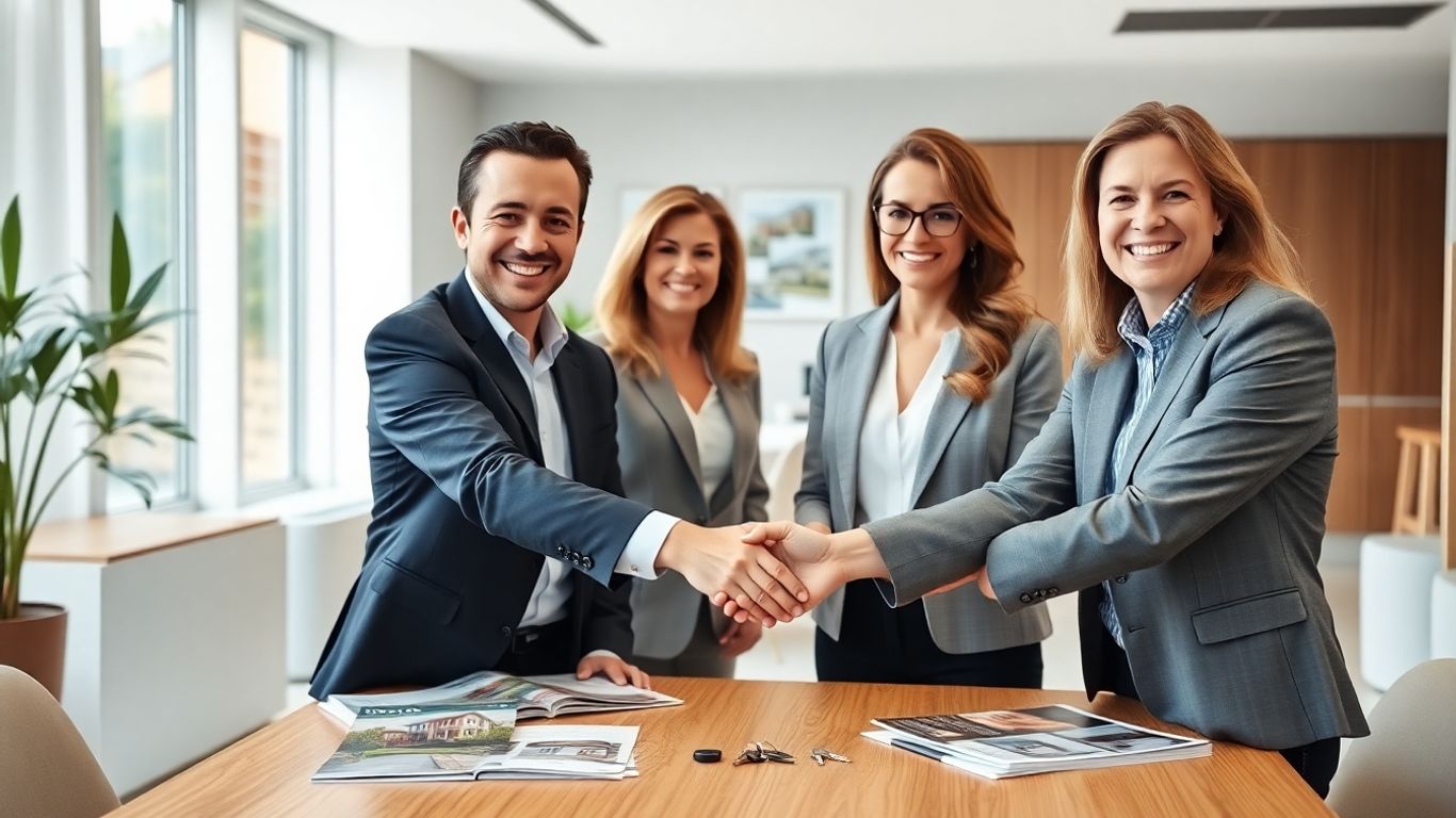 Agente inmobiliario y clientes felices estrechando manos