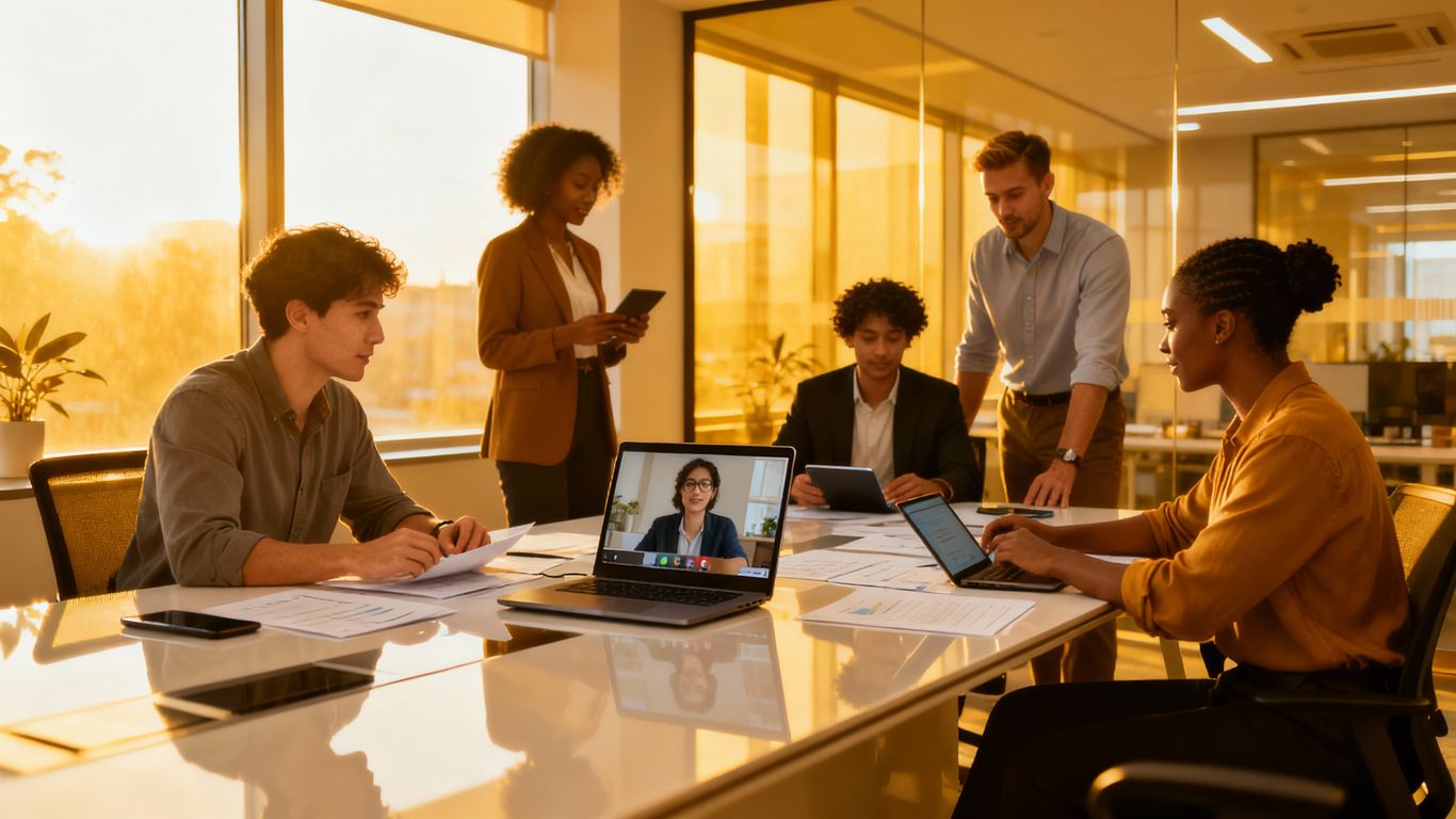 Professionals learning online business and leadership skills.