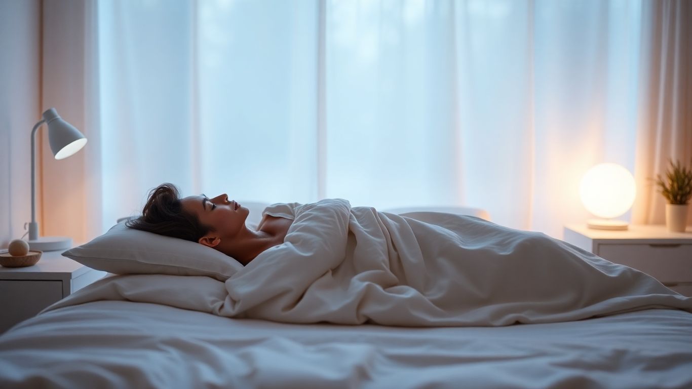 Person sleeping peacefully with futuristic sleep technology elements.