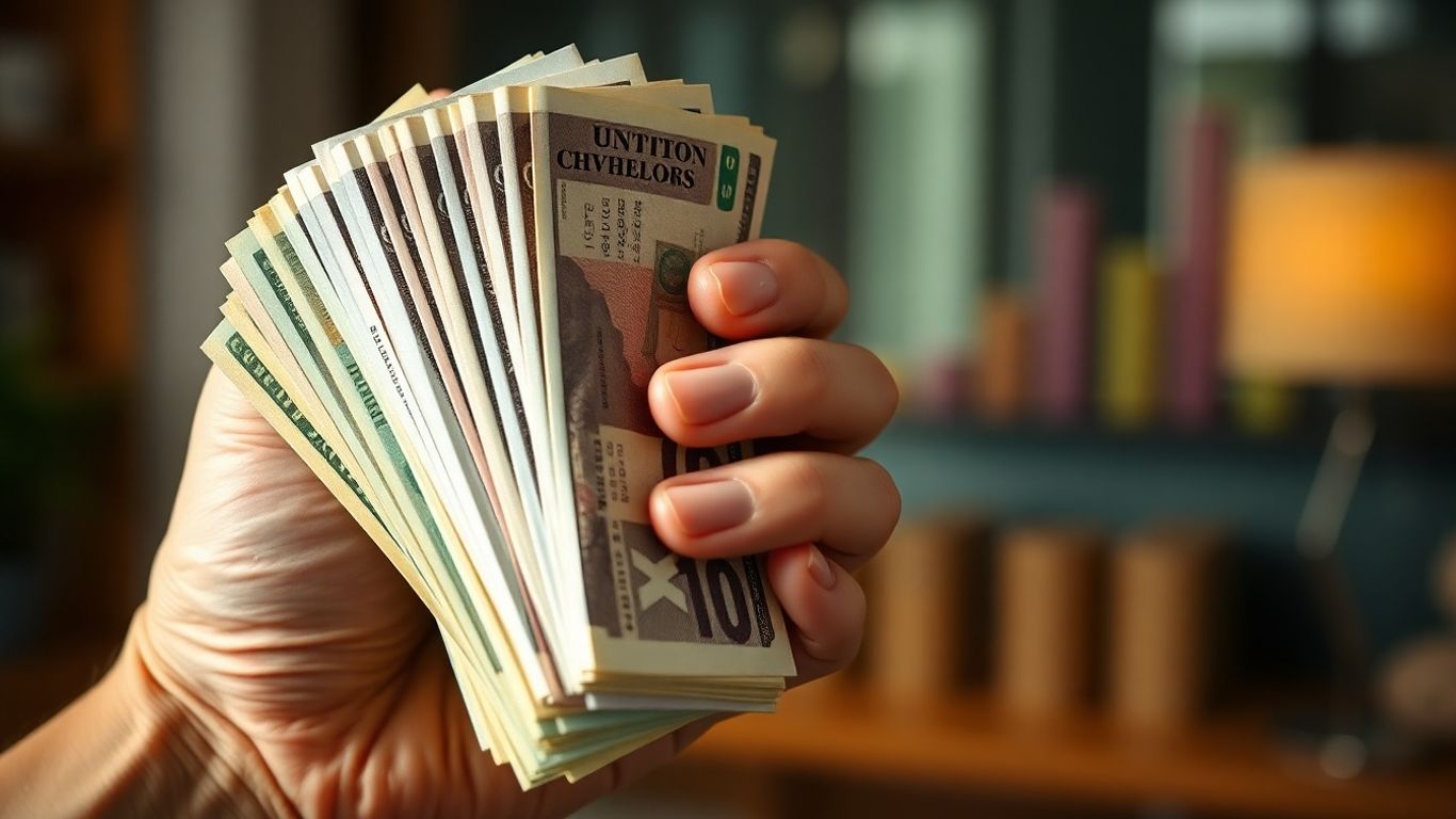 Investor holding diverse currency bills, financial background.