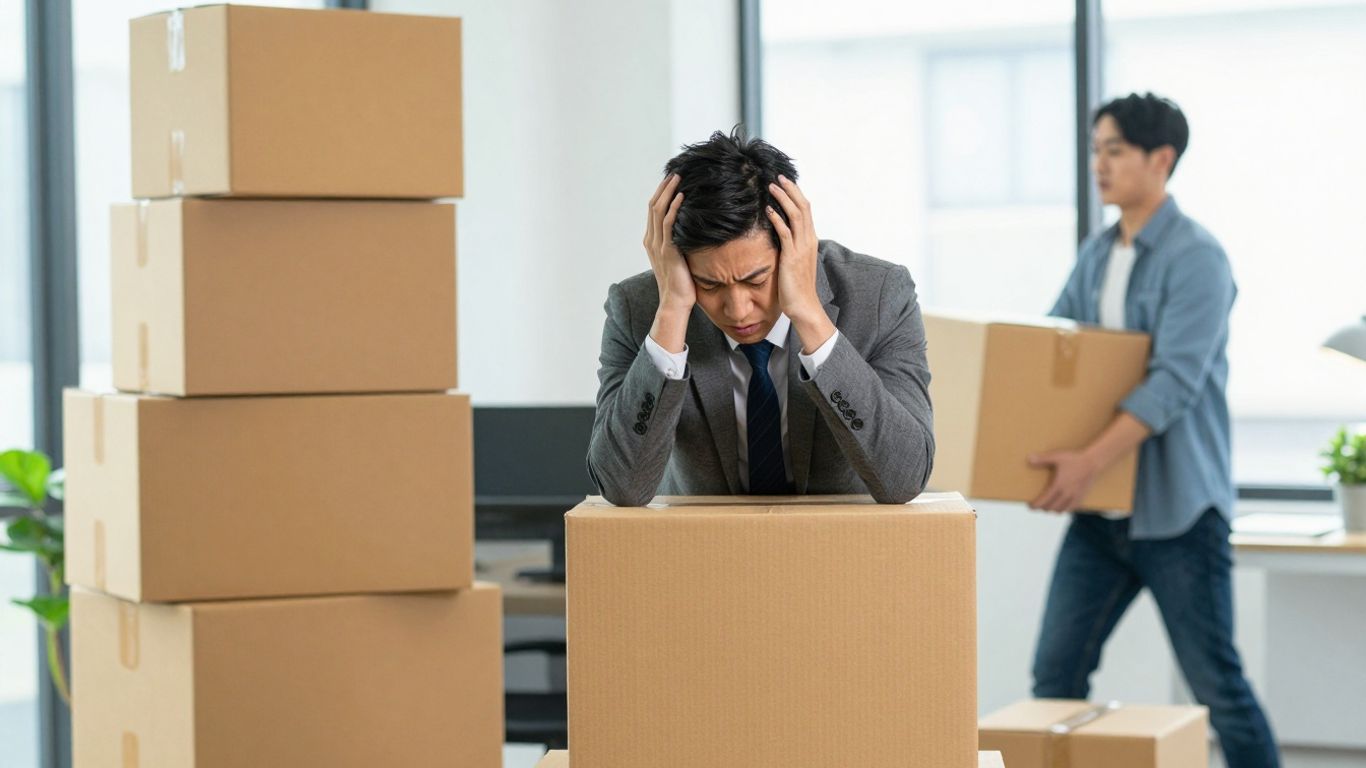 Overwhelmed business person with moving boxes.