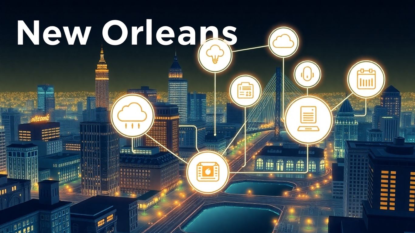 New Orleans IT support infographic with city and tech elements.