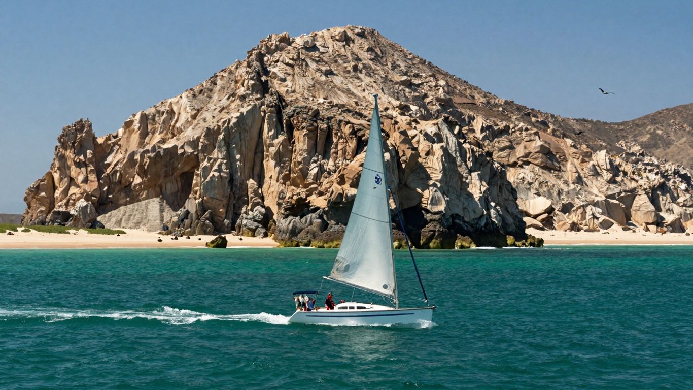 Sailboat approaching Espíritu Santo Island on a sunny day.