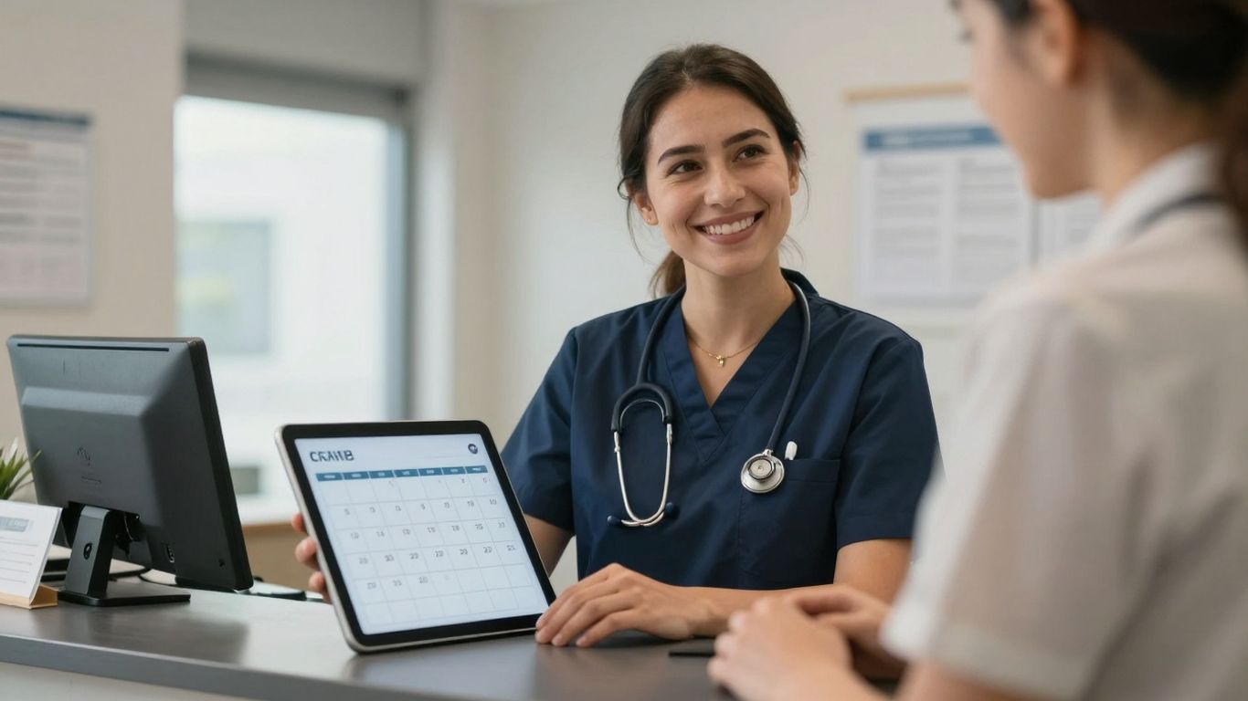 Clinic receptionist confirming appointments on a tablet.