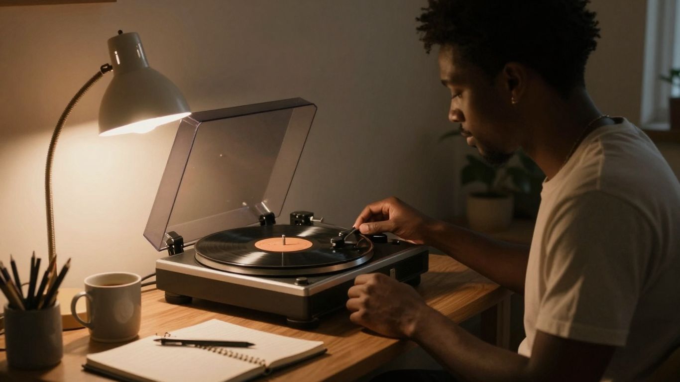 Cozy room with record player and desk for productivity.
