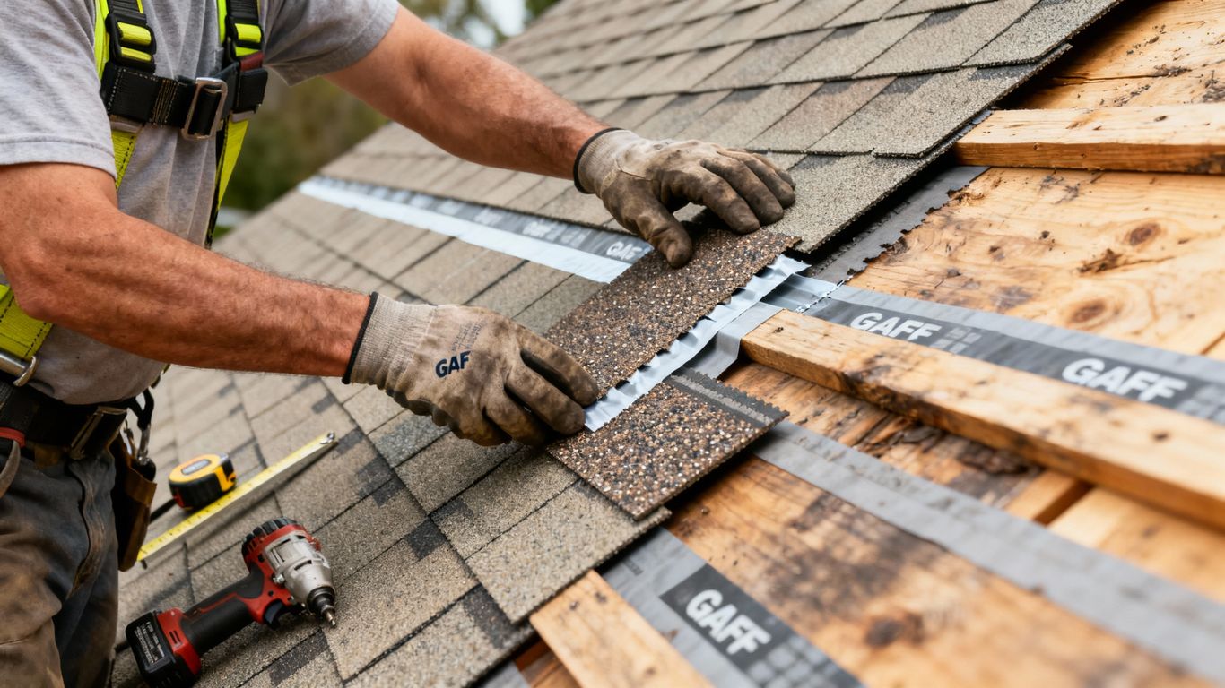 GAF certified roofer installing shingles on a house.
