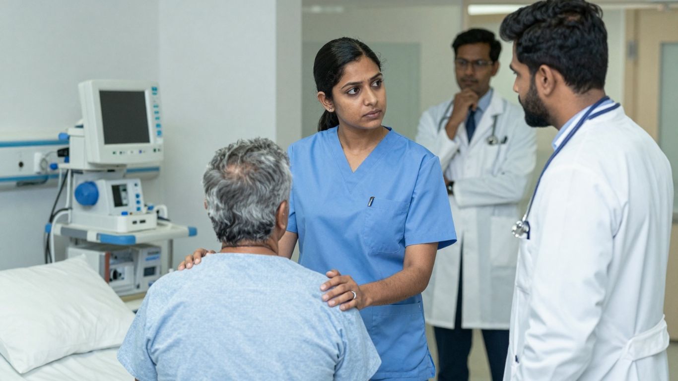 Nurses interacting with patients and colleagues in healthcare settings.