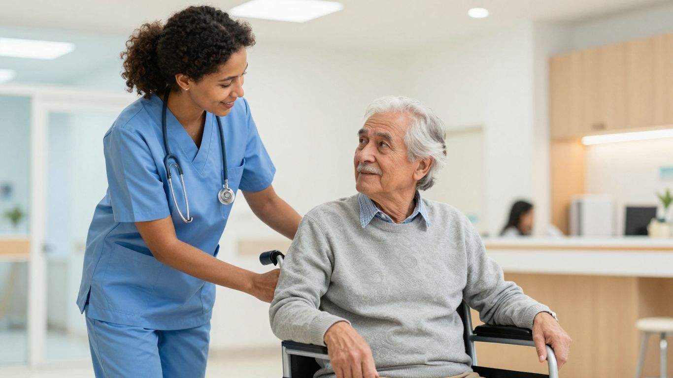 CNA helping an elderly patient in a healthcare setting.