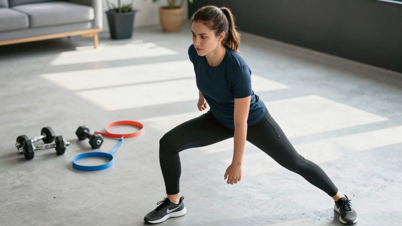 Person doing a home workout with dumbbells and bands.