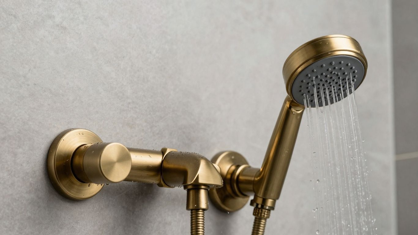 Brushed brass concealed shower set in a modern bathroom.