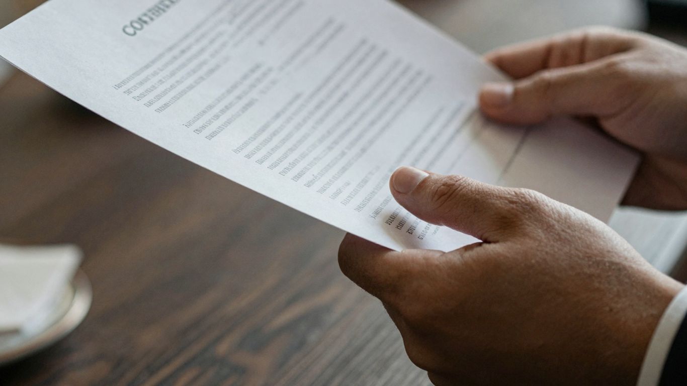 Hand hält Wartungsvertrag, Fokus auf Dokument und Hände.