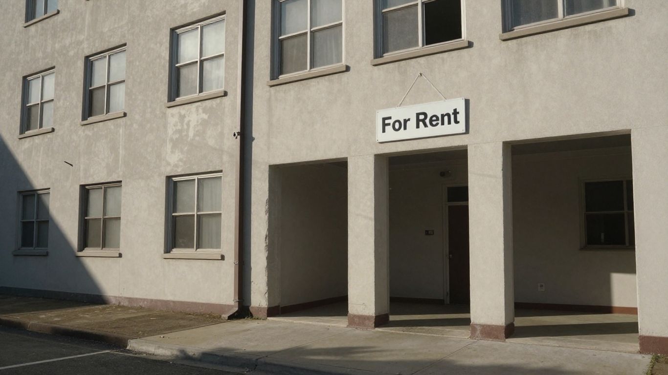 Immeuble d'habitation vacant avec un panneau 'À Louer'.