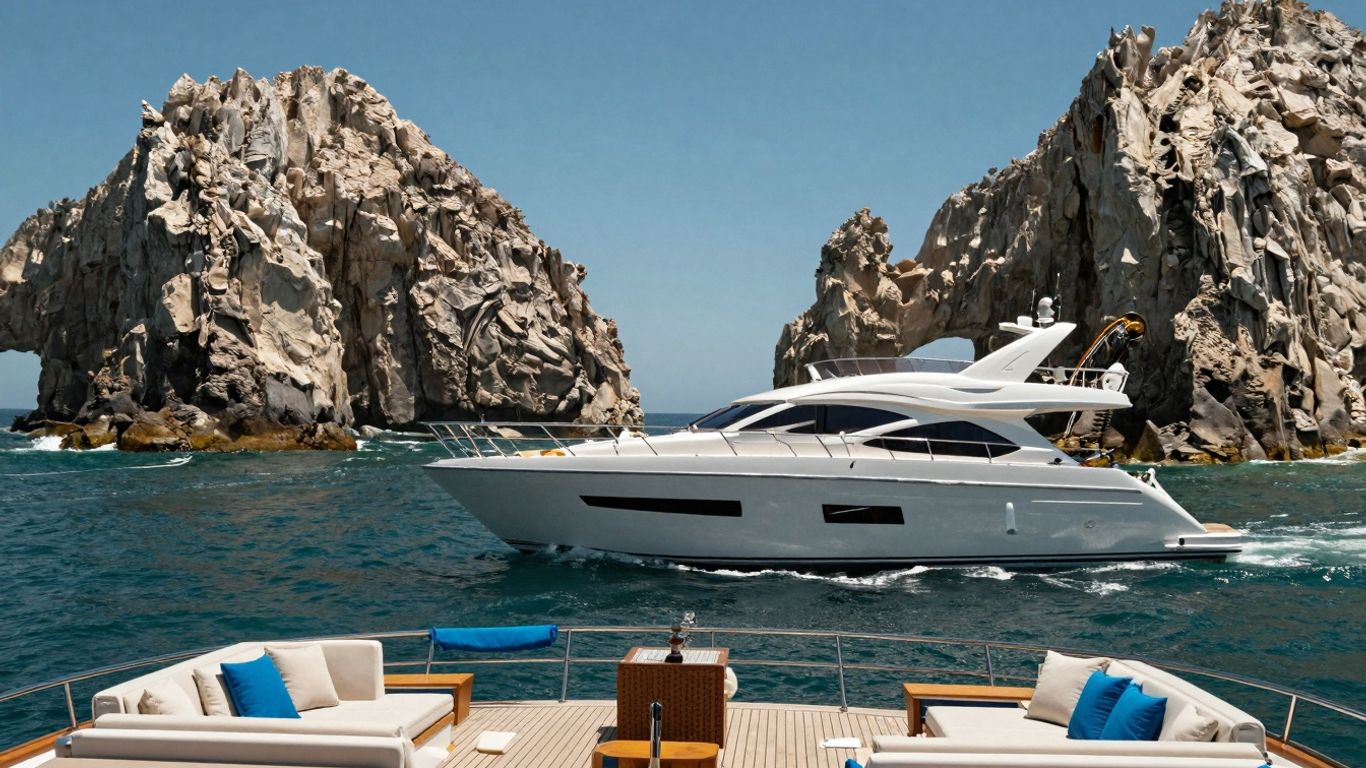 Luxury yacht sailing in Cabo waters with rock formations.