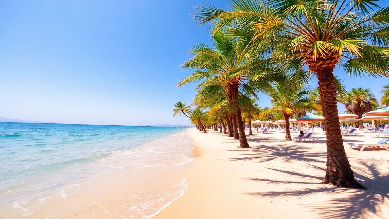 Słoneczna plaża w Bułgarii z turkusowym morzem.