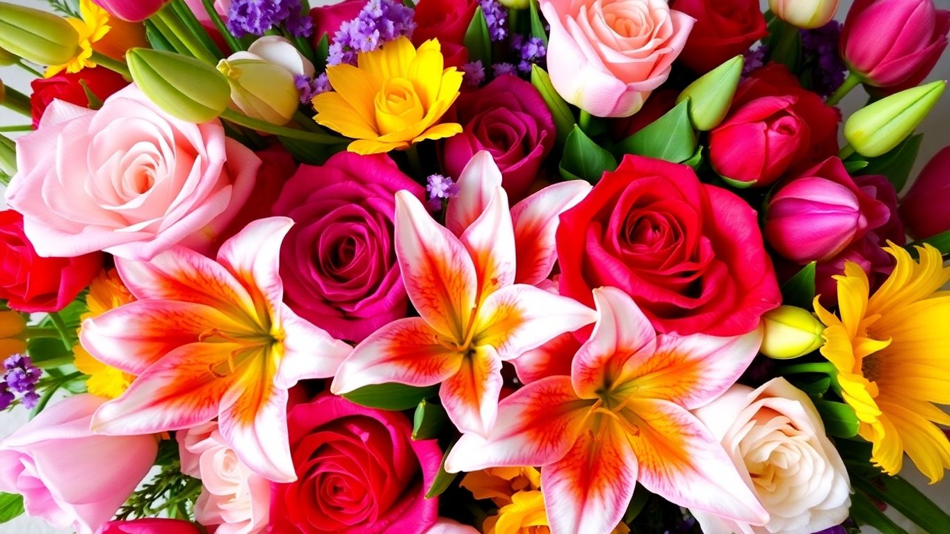 Buquê de flores populares em Portugal com rosas e lírios.