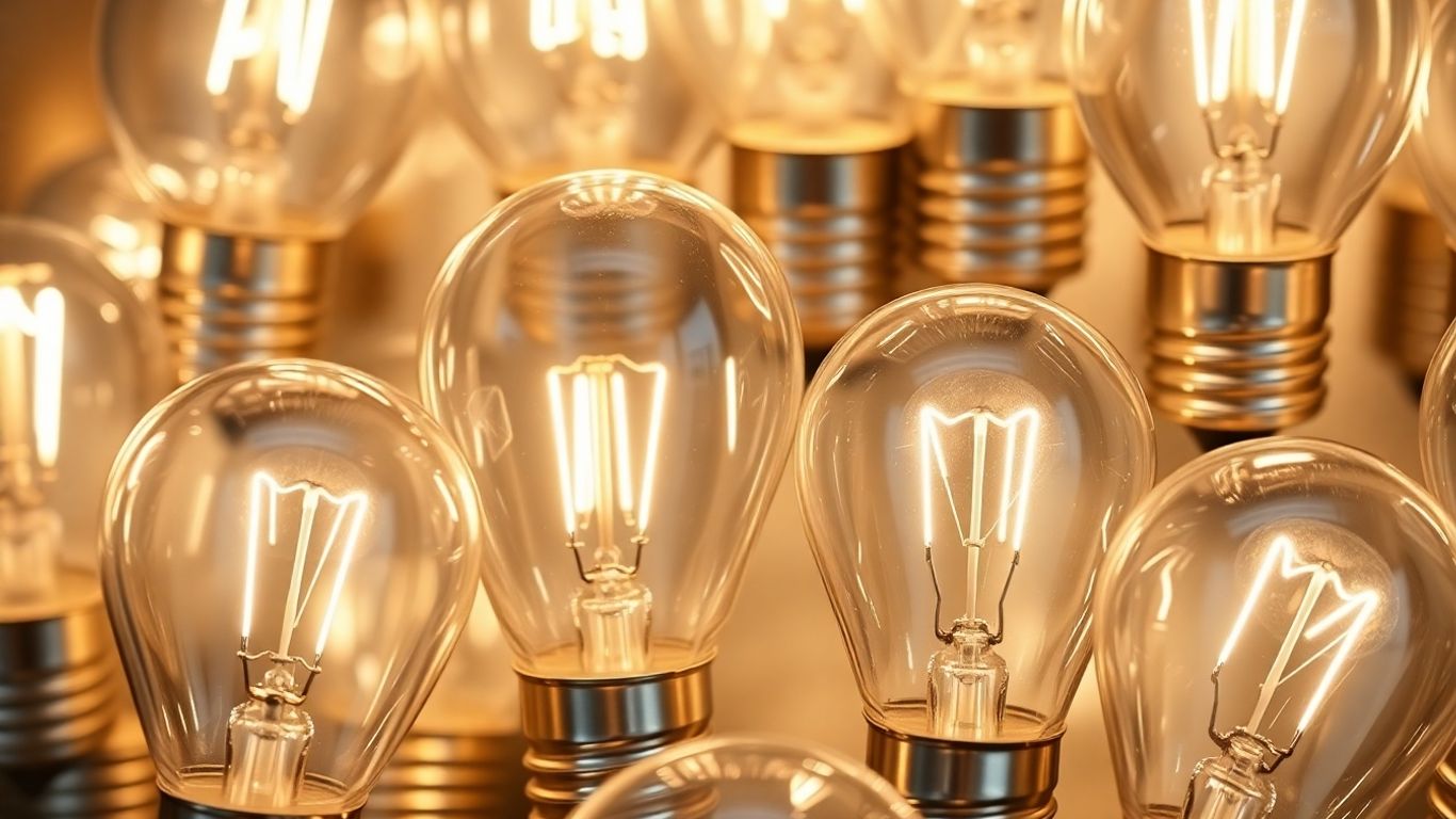 Close-up of glowing halogen light bulbs with visible filaments.