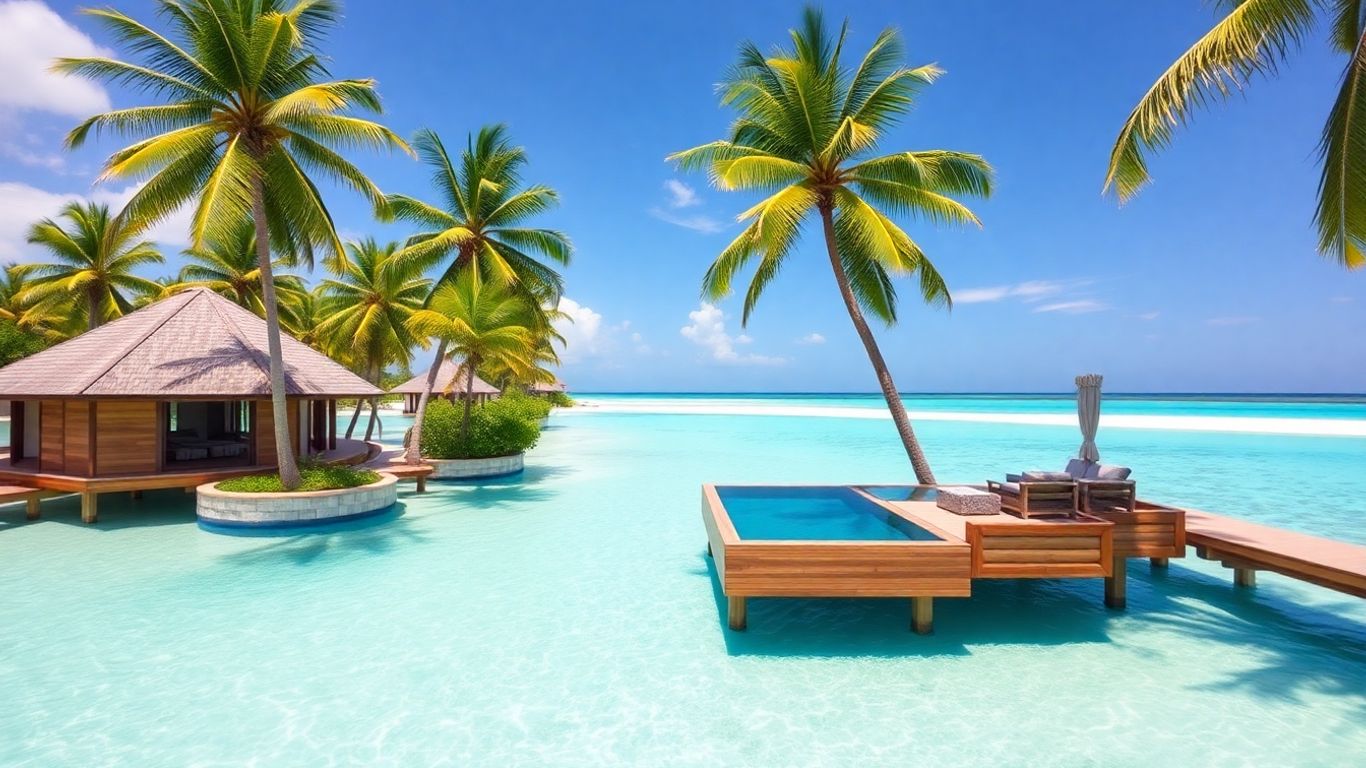 Maldives overwater bungalow with infinity pool and turquoise lagoon.