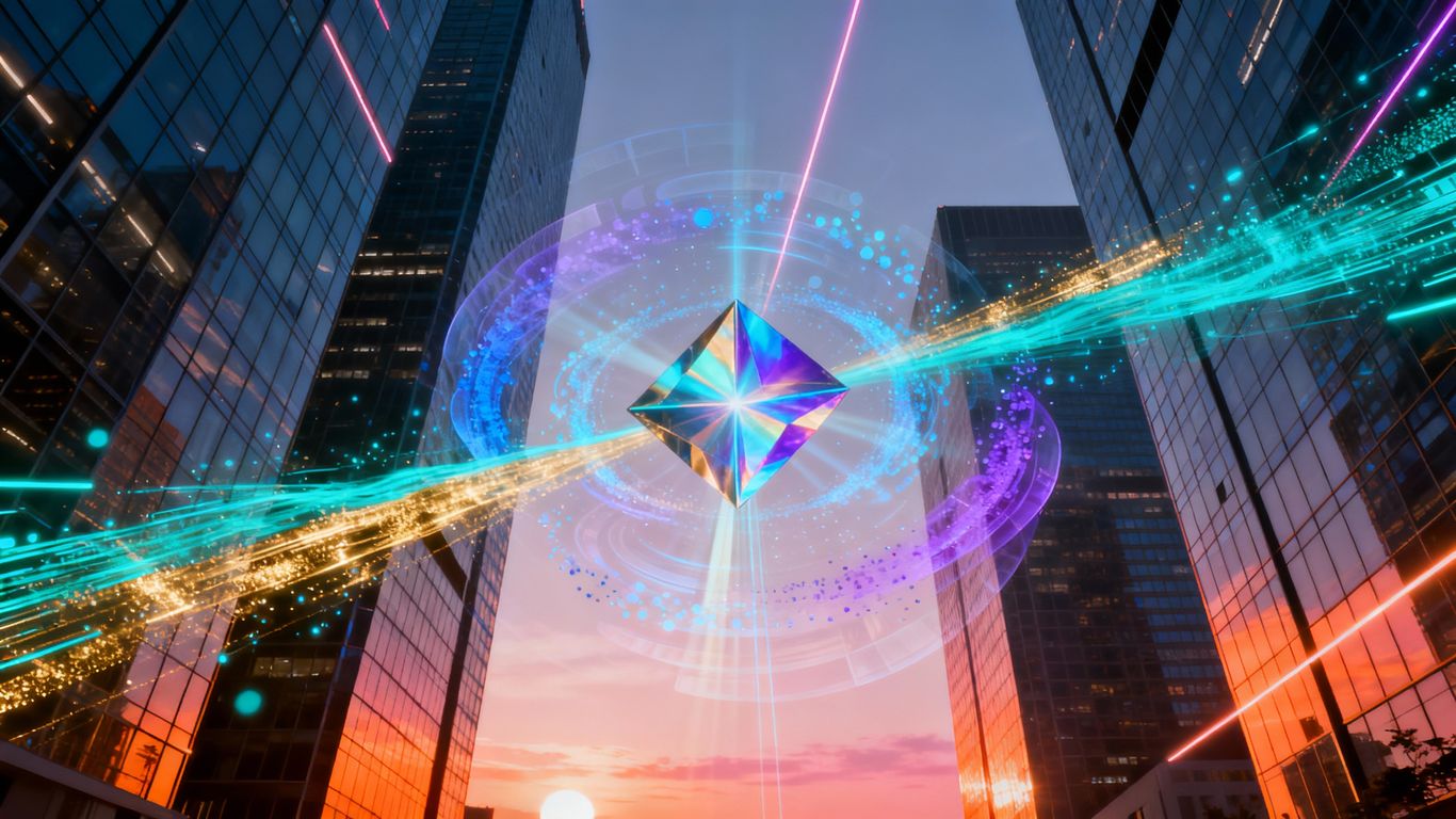 Digital streams connect financial buildings in a cityscape.