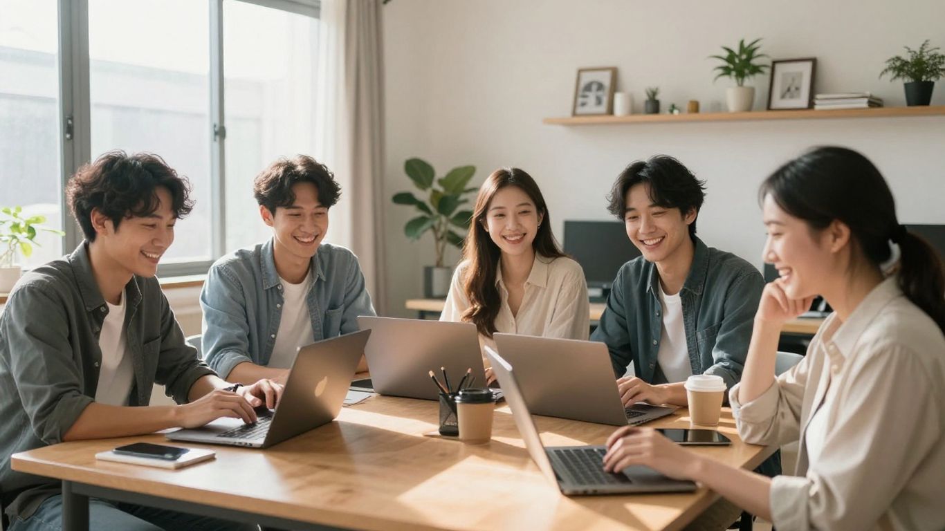 People working together remotely on laptops.