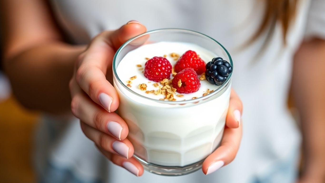 Person holding probiotic yogurt with berries and granola.