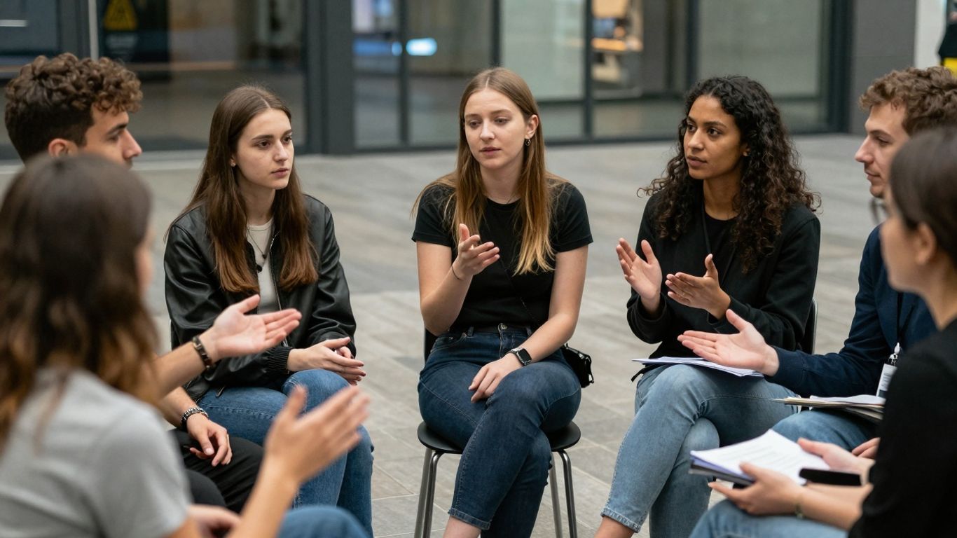 Tineri români discutând despre viitorul politic al țării.