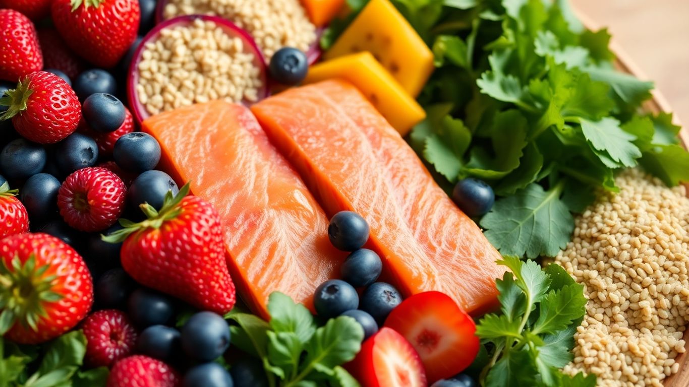 Heart healthy foods: fruits, vegetables, fish, and grains.