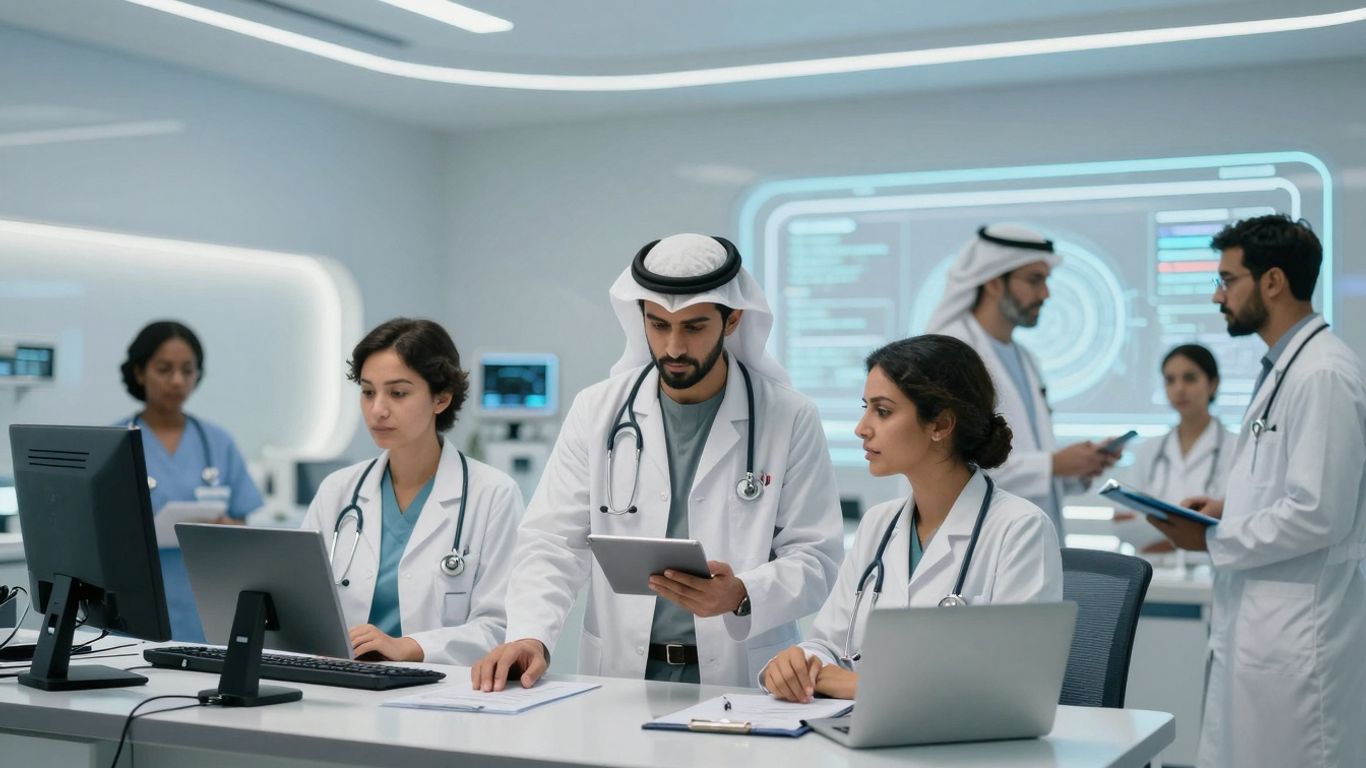 Healthcare professionals interacting with advanced voice AI technology.