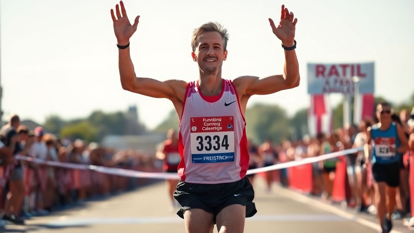 Runner crossing the finish line of a half marathon.
