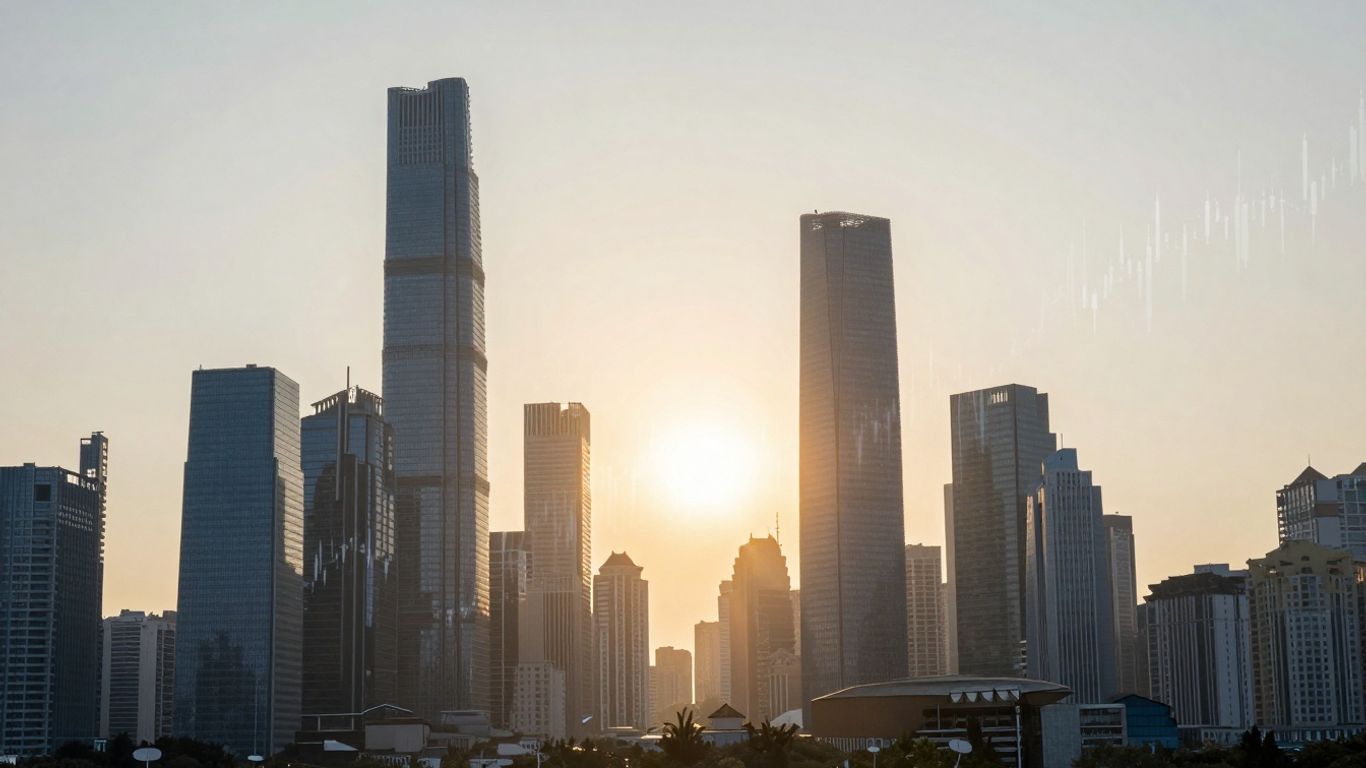 Modern cityscape with rising sun and abstract financial pattern.