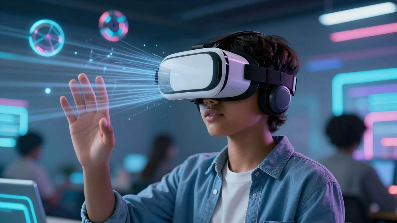 Student în realitate virtuală, explorând un mediu educațional digital.