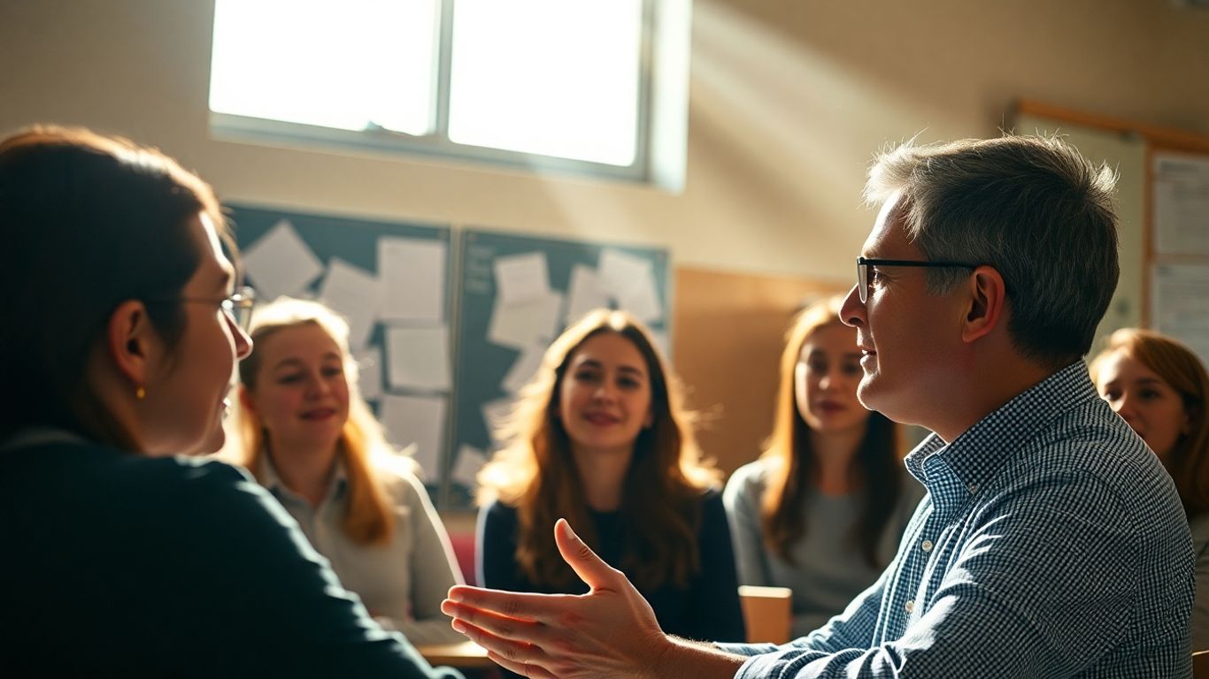 Lehrer unterrichtet Schüler im Klassenzimmer, Sonnenlicht fällt herein.