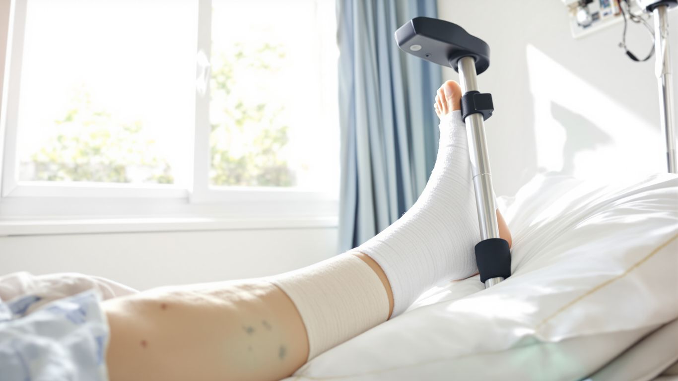 Pierna vendada con muletas, recuperación postoperatoria.