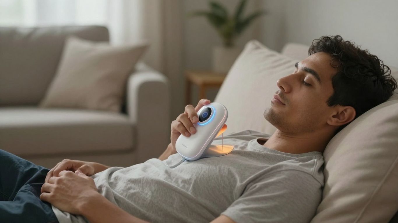 Person using portable PEMF device at home for wellness.