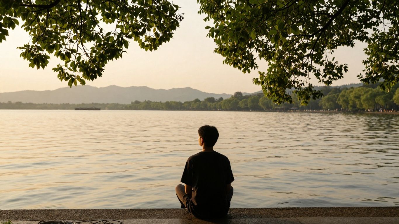 Person am Seeufer bei Sonnenuntergang