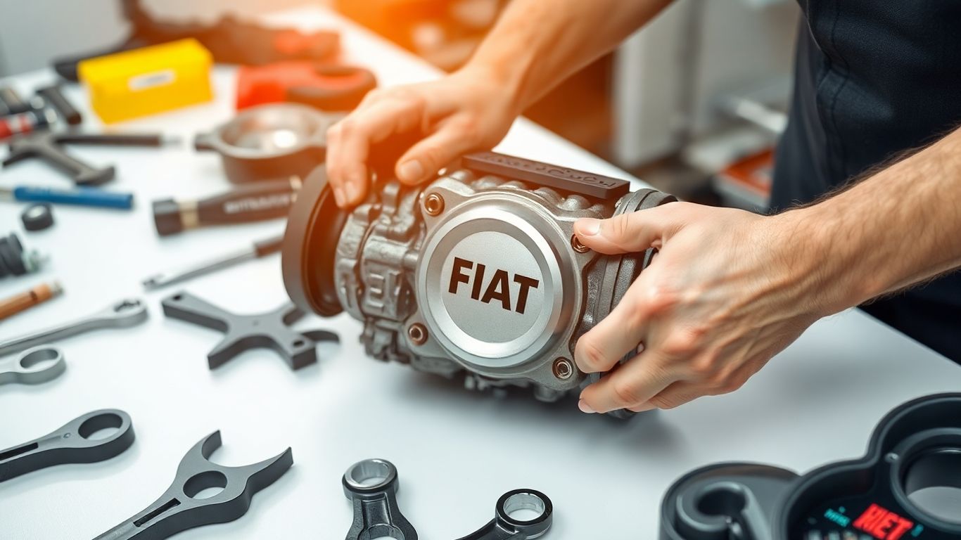 Mechanic working on Fiat car engine parts.