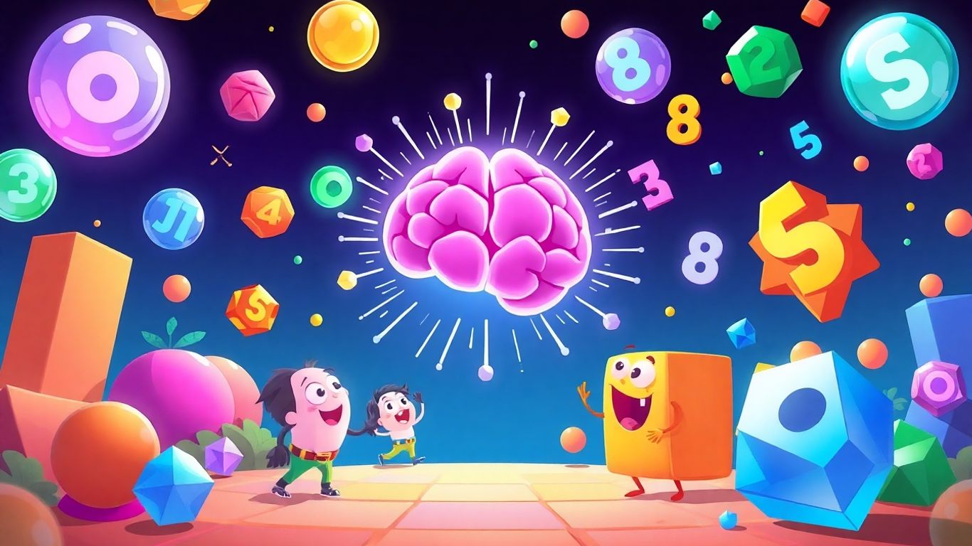 Brainpower math games illustration with colorful game elements.