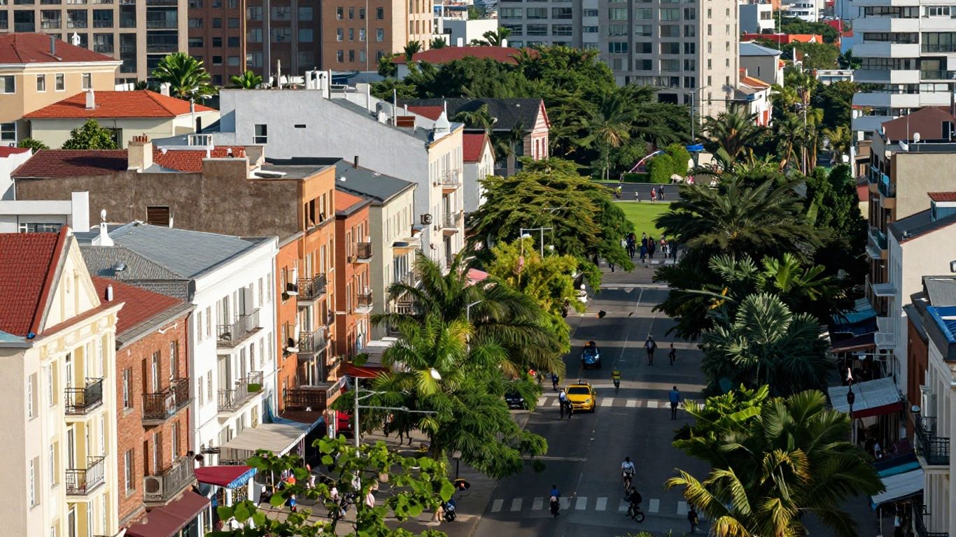 Close-up view of a modern, walkable city neighborhood.