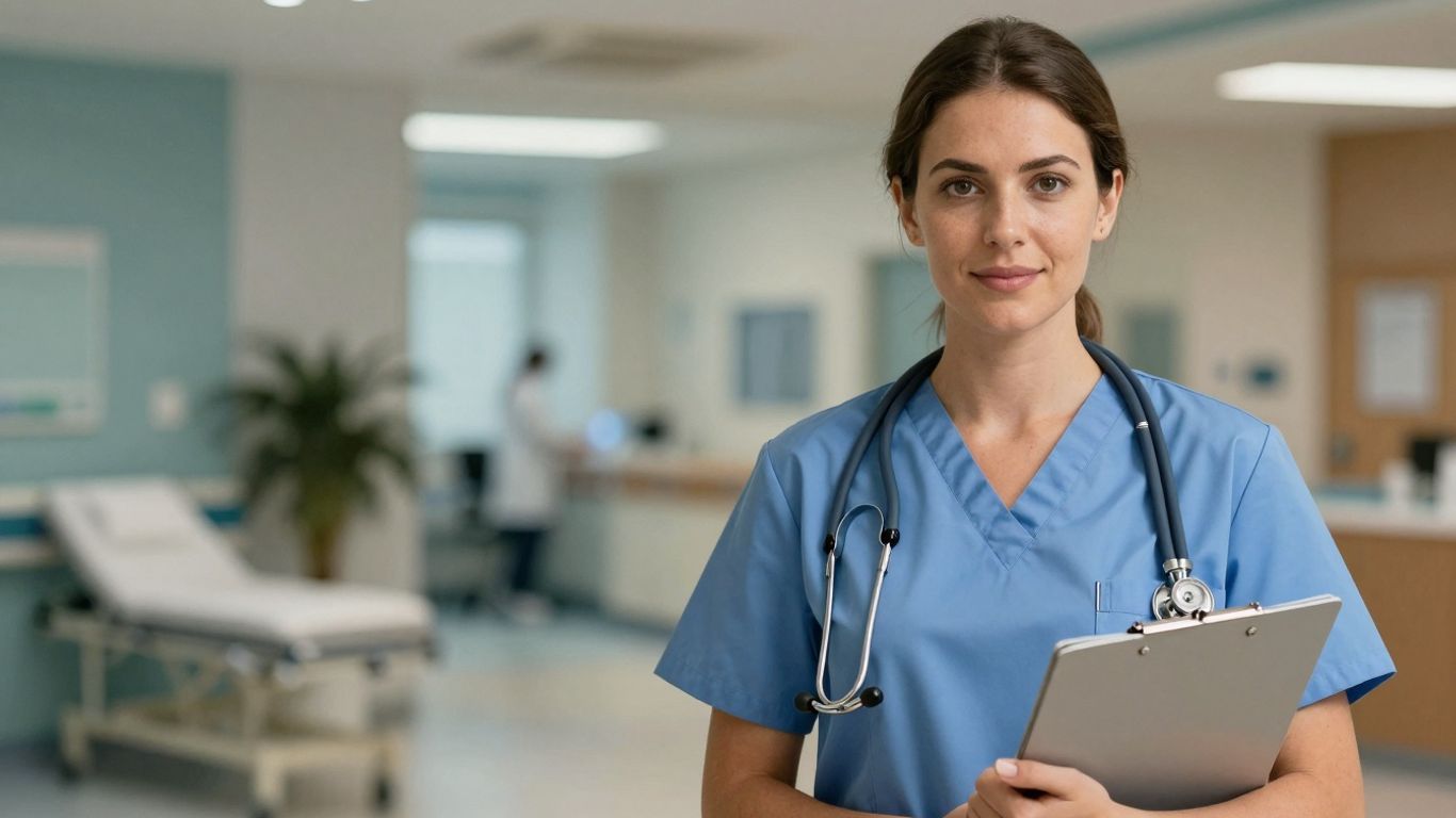 Nurse in Australia with stethoscope and clipboard.