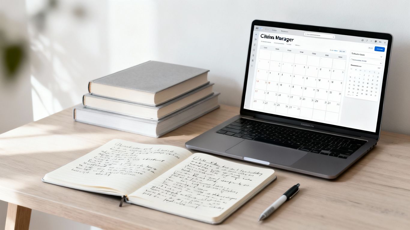 Student organizing study materials on a desk.