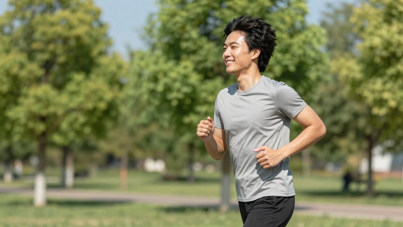 Persoană zâmbind în timp ce face mișcare moderată afară.