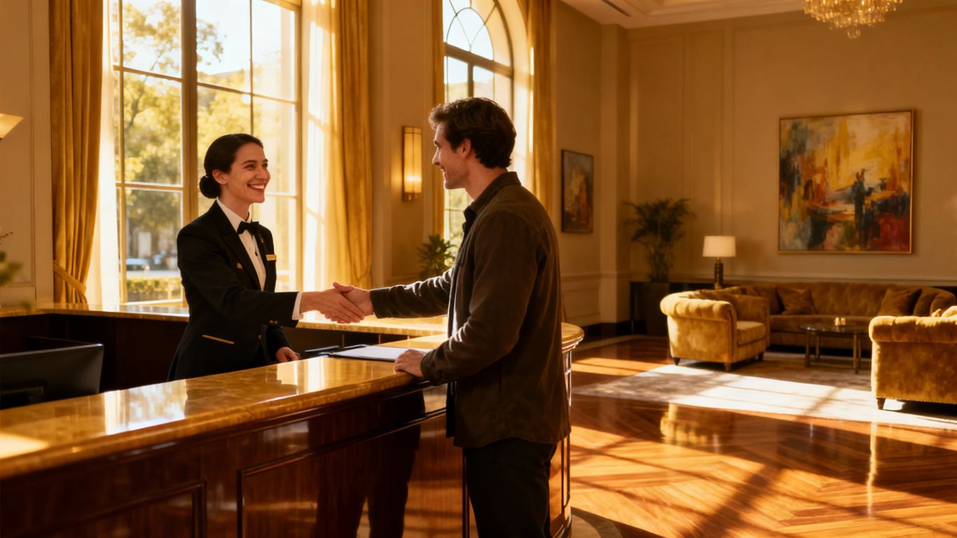 酒店前台迎接客人,阳光明媚,氛围温馨。