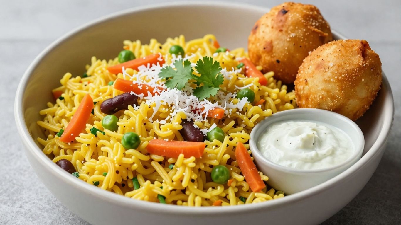 Bowl of vegetable upma with garnishes and side dishes.